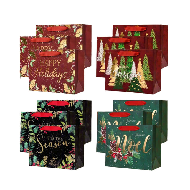 Posh Paper 9 1⁄4“ Christmas Tree Gift Bags, Green and Red, Medium Size