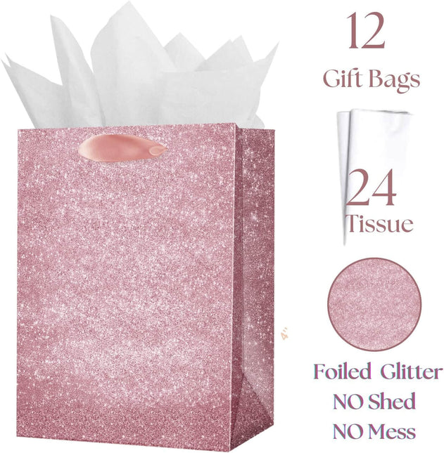 Posh Paper Bulk Gift Bags, Set of 12, Pink Glitter Small Gift Bag