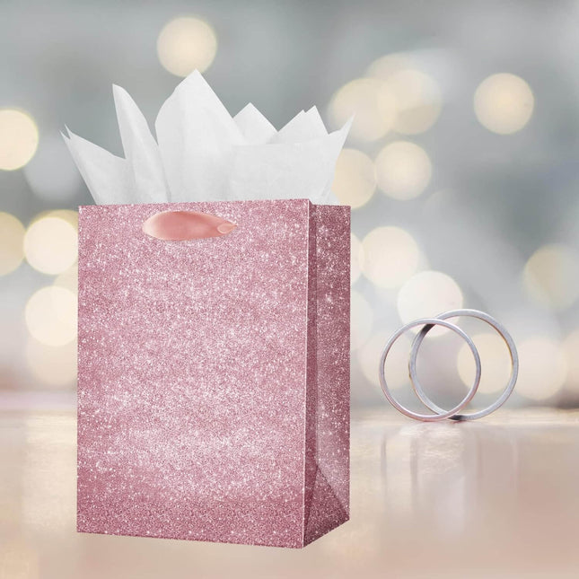 Posh Paper Bulk Gift Bags, Set of 12, Pink Glitter Small Gift Bag
