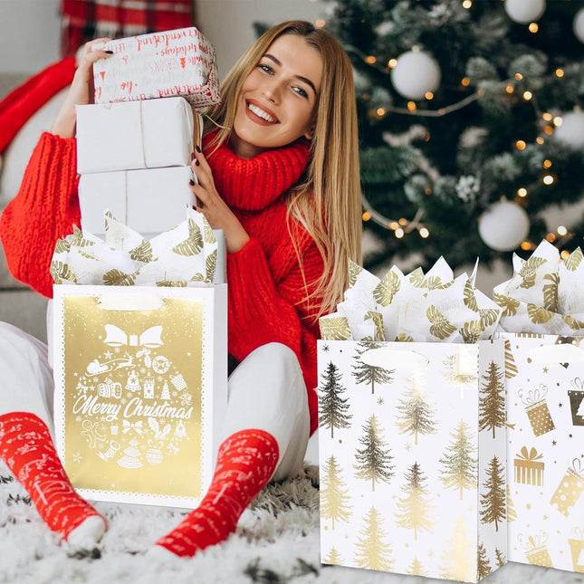 Posh Paper 9 1⁄4“ Christmas Gift Bags, Bulk with Set of 12, Gold