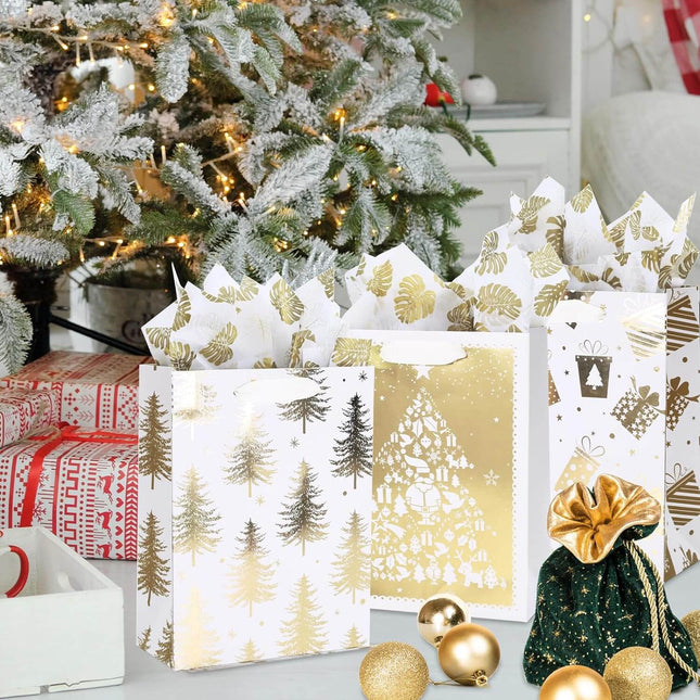 Posh Paper 9 1⁄4“ Christmas Gift Bags, Bulk with Set of 12, Gold