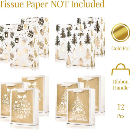 Posh Paper 9 1⁄4“ Christmas Gift Bags, Bulk with Set of 12, Gold
