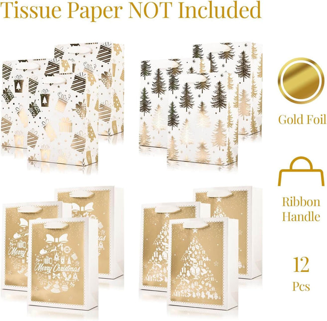 Posh Paper 9 1⁄4“ Christmas Gift Bags, Bulk with Set of 12, Gold