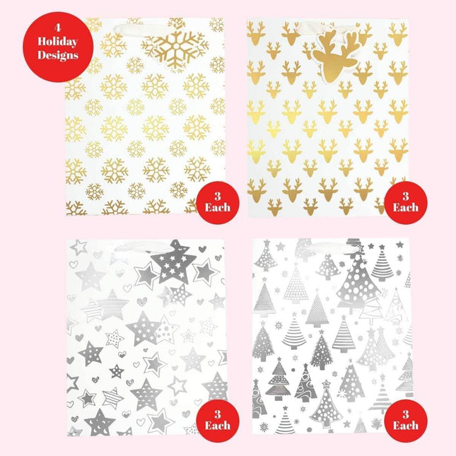 Posh Paper Christmas Gift Bags, Metallic Gold and Silver -  9 1⁄4“, Medium