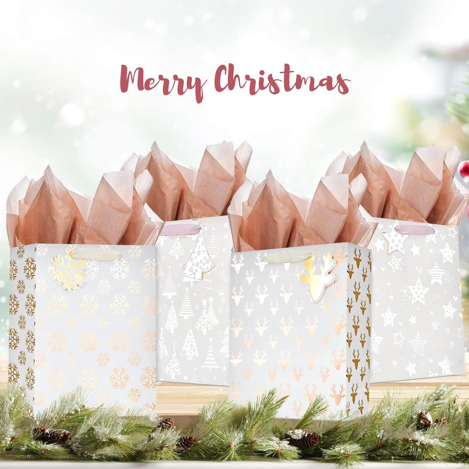 Posh Paper Christmas Gold Gift Bags, Medium Sized Bags