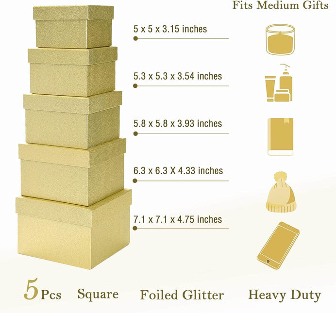 Posh Paper Christmas Gift Boxes, Gold Giltter Small Gift Box-Pack of 5