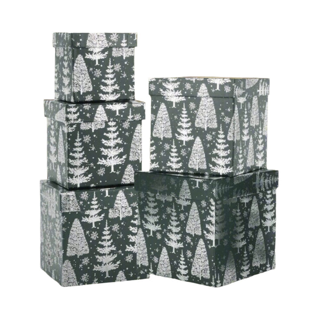 Posh Paper Christmas Gift Boxes, Green Gift Boxes, 4" to 7 1⁄8“, Pack of 5