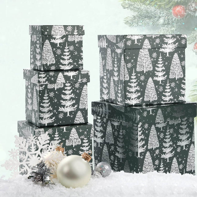 Posh Paper Christmas Gift Boxes, Green Gift Boxes, 4" to 7 1⁄8“, Pack of 5