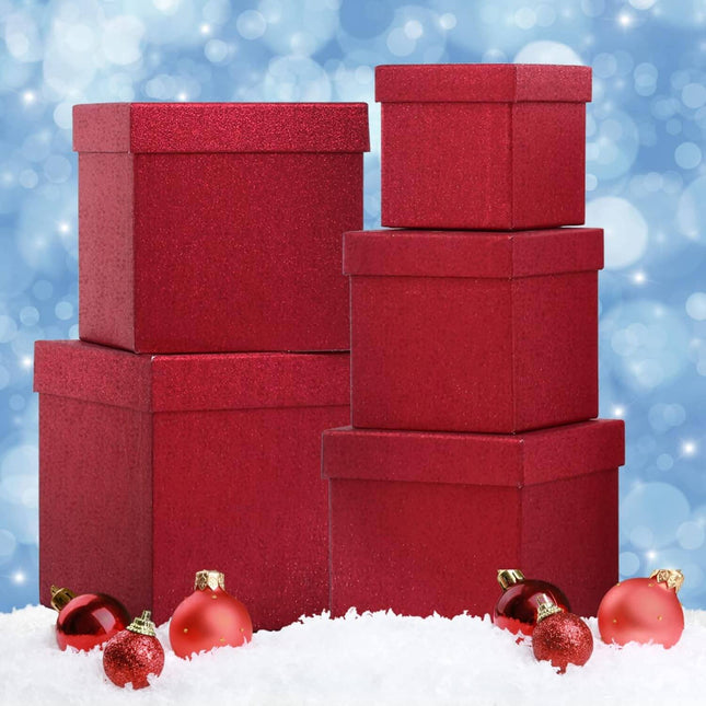 Posh Paper Christmas Gift Boxes, Red Gift Boxes, 4" to 7 1⁄8“, Pack of 5