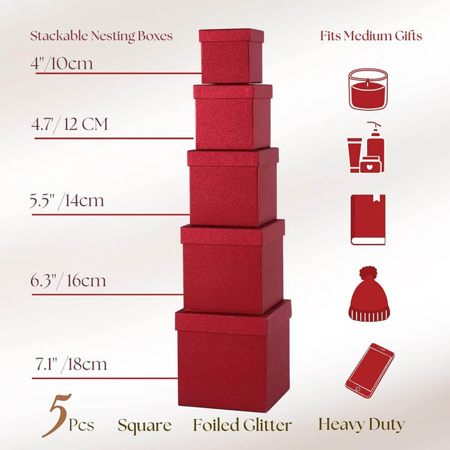 Posh Paper Christmas Gift Boxes, Red Gift Boxes, 4" to 7 1⁄8“, Pack of 5