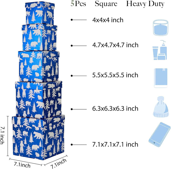 Posh Paper Christmas Gift Boxes, Small Blue Gift Boxes-5pc, 4" - 7 1⁄8"
