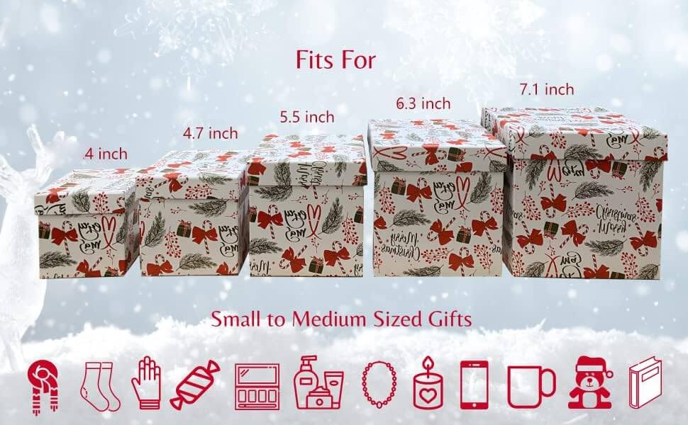 Posh Paper Christmas Gift Boxes, Small Gift Boxes, 4" to 7 1⁄8“, Pack of 5