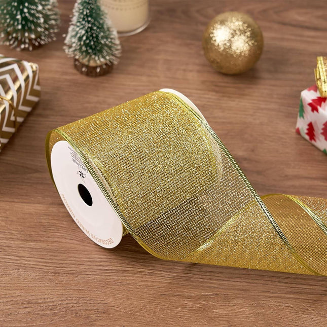 Posh Paper Christmas Ribbons, Gold Glittered Satin Ribbons - 4'' x 10 Yards