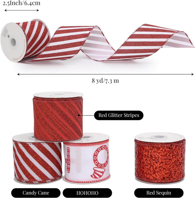 Posh Paper Christmas Ribbons, Red White Ribbons - 2 1⁄2'' x 32 Yards