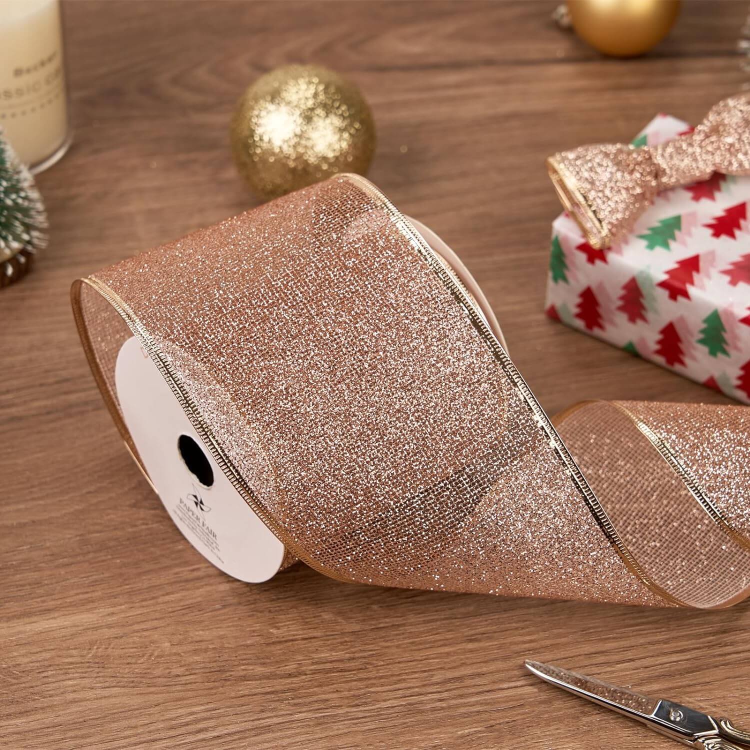 1 Roll 4Inch Wide 10Yds Rose Gold Glitter Wired Ribbon Posh Paper