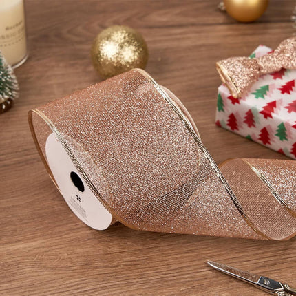Posh Paper Christmas Ribbons, Rose Gold Glittered Satin Ribbons - 4'' x 10 Yards