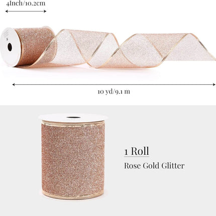 Posh Paper Christmas Ribbons, Rose Gold Glittered Satin Ribbons - 4'' x 10 Yards
