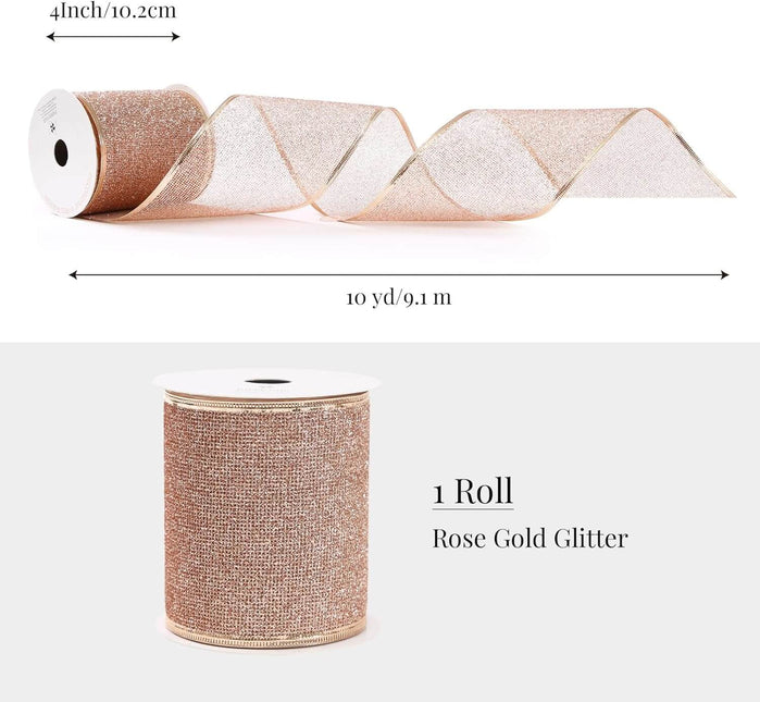 Posh Paper Christmas Ribbons, Rose Gold Glittered Satin Ribbons - 4'' x 10 Yards