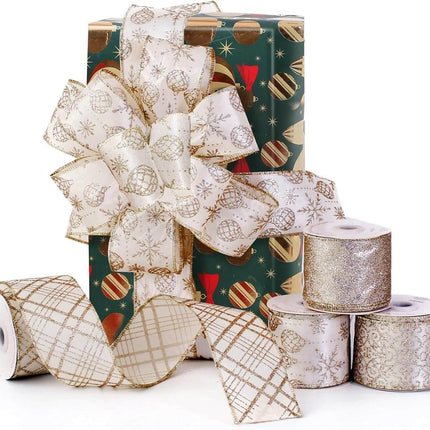 Posh Paper Christmas Ribbons Wired, Gold Ribbons, 2 1⁄2“ x  40 Yards