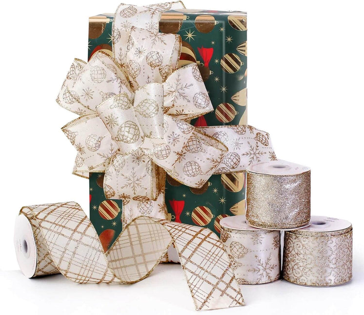 Posh Paper Christmas Ribbons Wired, Gold Ribbons, 2 1⁄2“ x  40 Yards