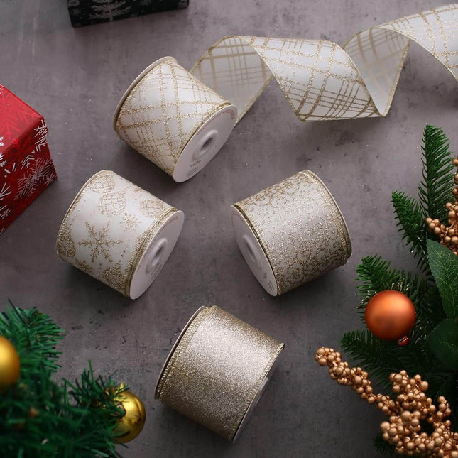 Posh Paper Christmas Ribbons Wired, Gold Ribbons, 2 1⁄2“ x  40 Yards