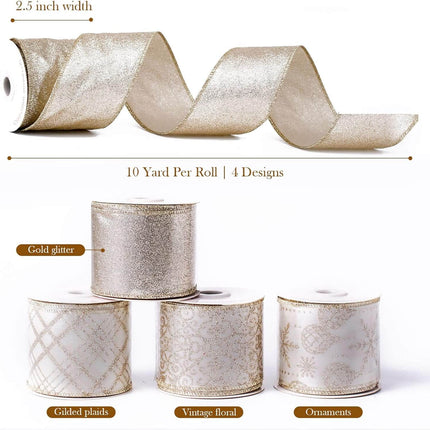 Posh Paper Christmas Ribbons Wired, Gold Ribbons, 2 1⁄2“ x  40 Yards