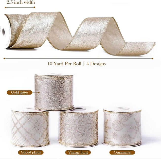 Posh Paper Christmas Ribbons Wired, Gold Ribbons, 2 1⁄2“ x  40 Yards