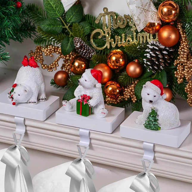 White Polar Bear Christmas Stocking Holders, Pack of 3