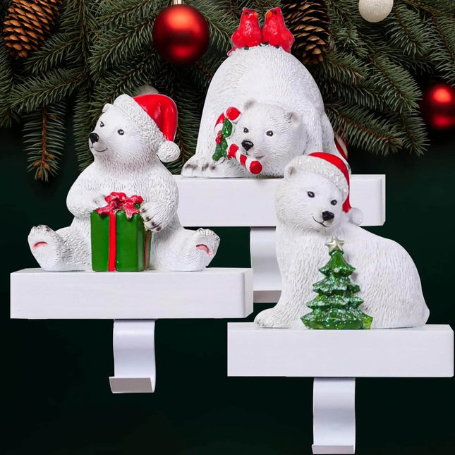 White Polar Bear Christmas Stocking Holders, Pack of 3