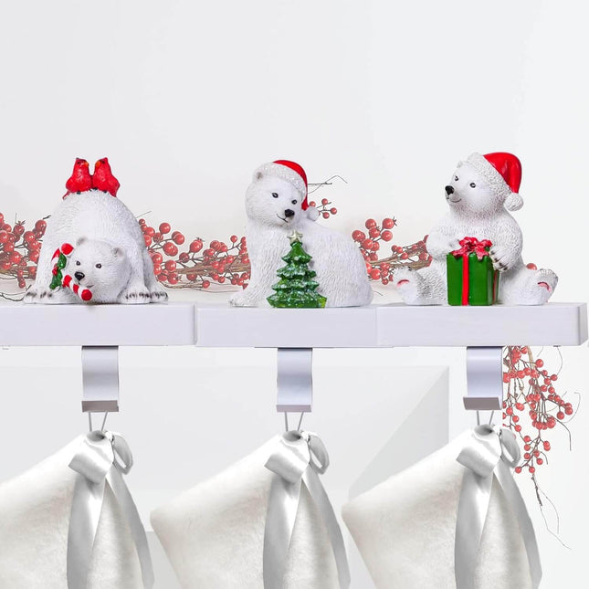 White Polar Bear Christmas Stocking Holders, Pack of 3