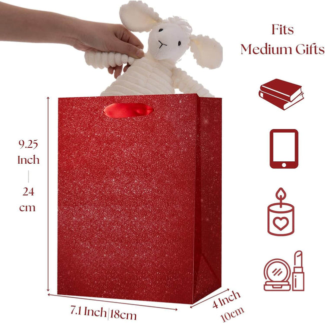 Posh Paper Gift Bags, Red Glitter Christmas Gift Bags, Medium Size Bulk with 12 Pcs