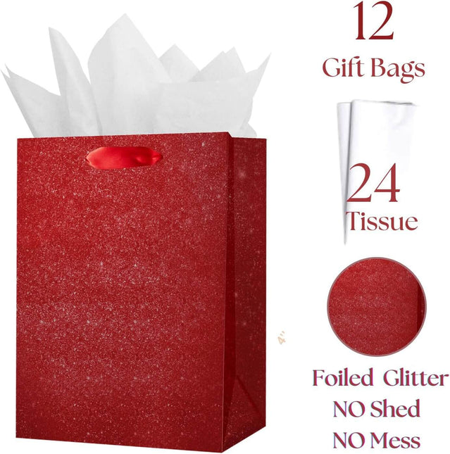 Posh Paper Gift Bags, Red Glitter Christmas Gift Bags, Medium Size Bulk with 12 Pcs