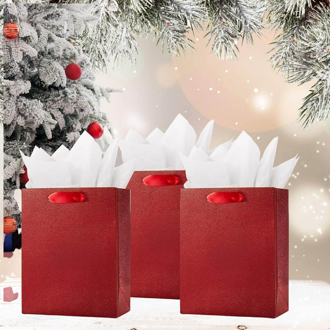 Posh Paper Gift Bags, Red Glitter Christmas Gift Bags, Medium Size Bulk with 12 Pcs