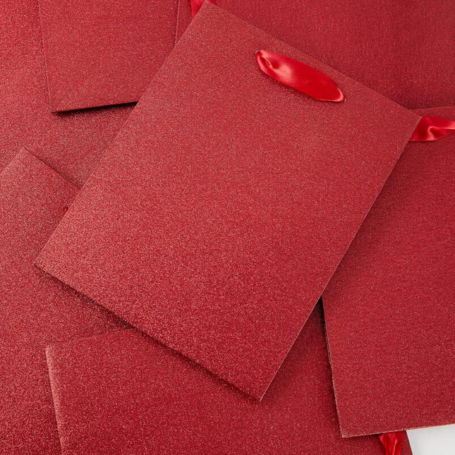 Posh Paper Gift Bags, Red Glitter Christmas Gift Bags, Medium Size Bulk with 12 Pcs
