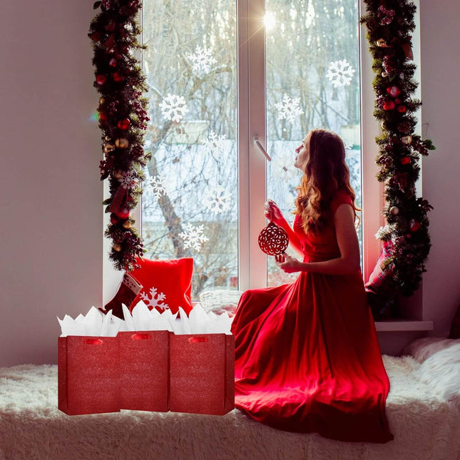 Posh Paper Gift Bags, Red Glitter Christmas Gift Bags, Medium Size Bulk with 12 Pcs
