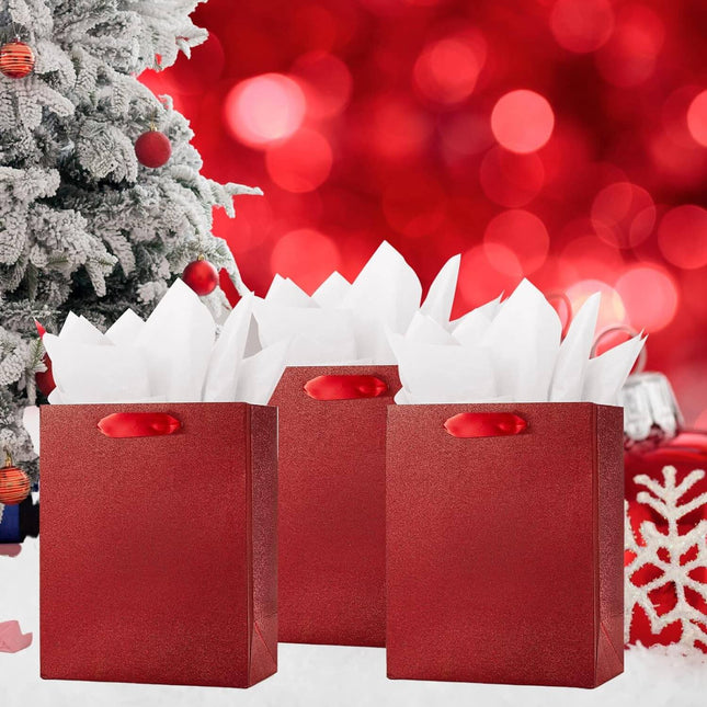 Posh Paper Gift Bags, Red Glitter Christmas Gift Bags, Medium Size Bulk with 12 Pcs