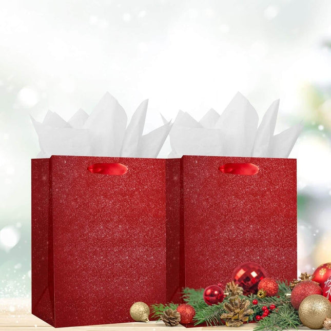 Posh Paper Gift Bags, Red Glitter Christmas Gift Bags, Medium Size Bulk with 12 Pcs