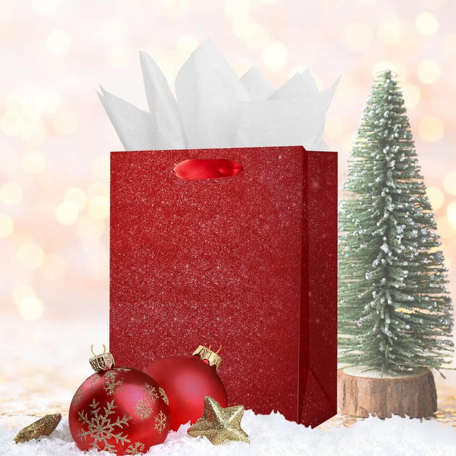 Posh Paper Gift Bags, Red Glitter Christmas Gift Bags, Medium Size Bulk with 12 Pcs