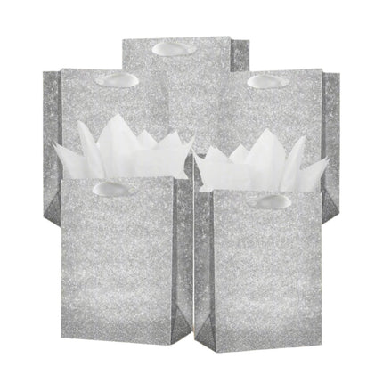 Posh Paper Gift Bags, Set of 12 Pcs Silver Glittered Bags and 24 Pcs