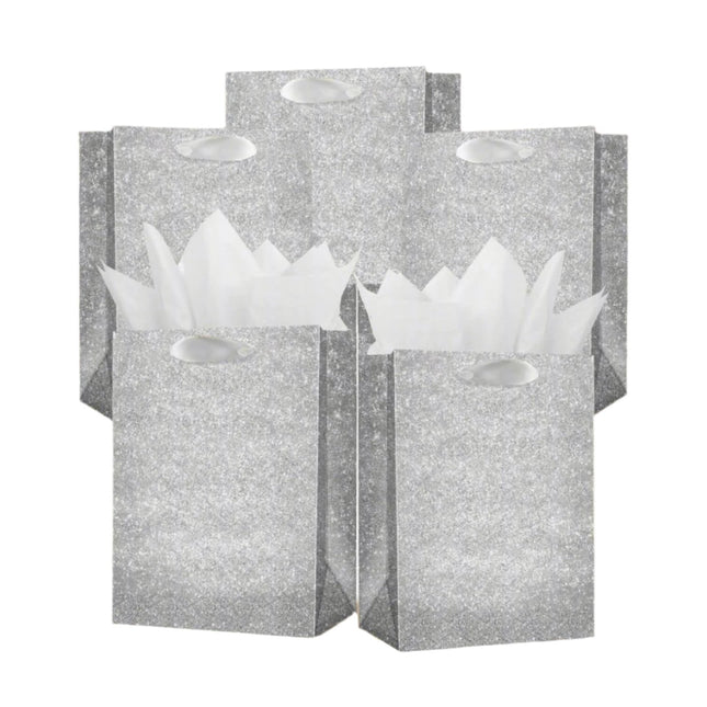 Posh Paper Gift Bags, Set of 12 Pcs Silver Glittered Bags and 24 Pcs