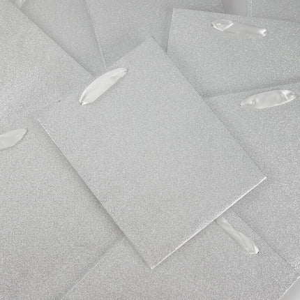Posh Paper Gift Bags, Set of 12 Pcs Silver Glittered Bags and 24 Pcs White Tissue Paper