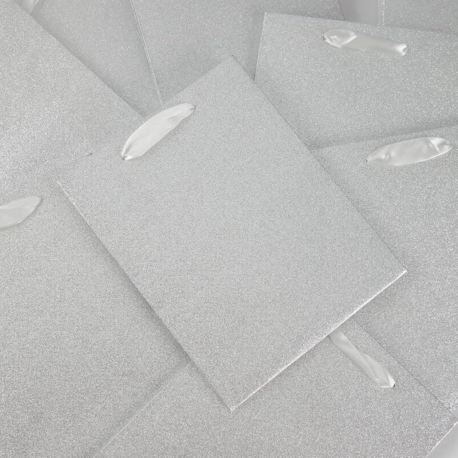 Posh Paper Gift Bags, Set of 12 Pcs Silver Glittered Bags and 24 Pcs White Tissue Paper