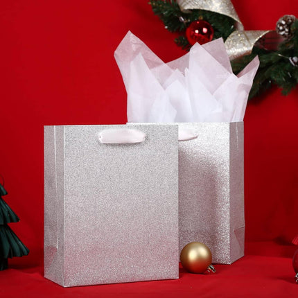 Posh Paper Gift Bags, Set of 12 Pcs Silver Glittered Bags and 24 Pcs White Tissue Paper