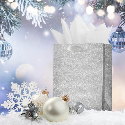 Posh Paper Gift Bags, Set of 12 Pcs Silver Glittered Bags and 24 Pcs White Tissue Paper