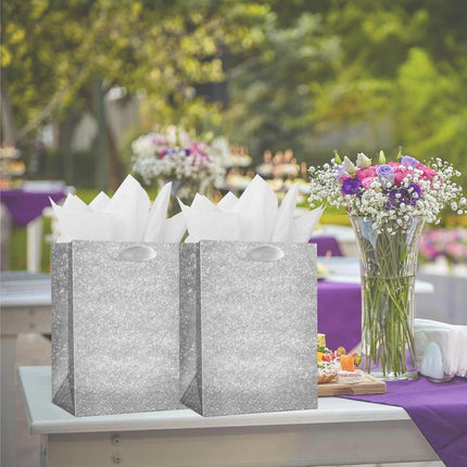Posh Paper Gift Bags, Set of 12 Pcs Silver Glittered Bags and 24 Pcs White Tissue Paper