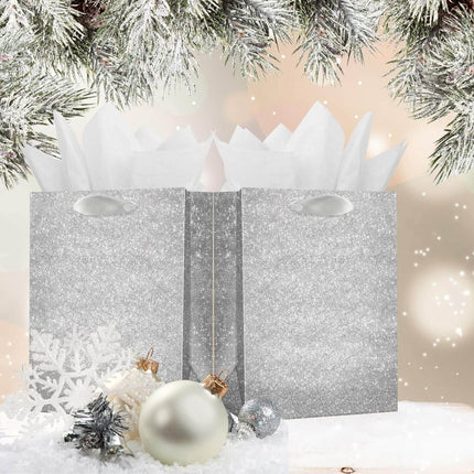 Posh Paper Gift Bags, Set of 12 Pcs Silver Glittered Bags and 24 Pcs White Tissue Paper