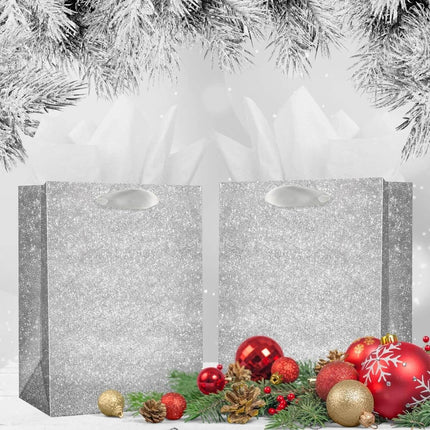Posh Paper Gift Bags, Set of 12 Pcs Silver Glittered Bags and 24 Pcs White Tissue Paper