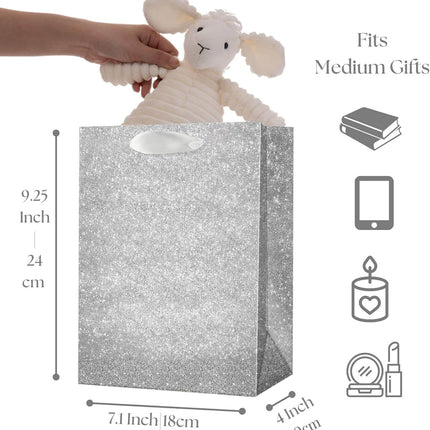 Posh Paper Gift Bags, Set of 12 Pcs Silver Glittered Bags and 24 Pcs White Tissue Paper