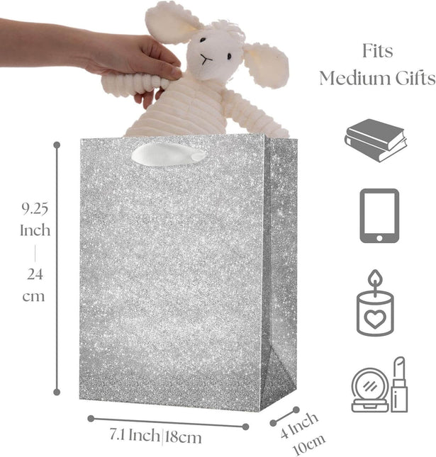 Posh Paper Gift Bags, Set of 12 Pcs Silver Glittered Bags and 24 Pcs White Tissue Paper
