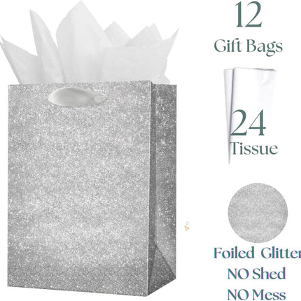 Posh Paper Gift Bags, Set of 12 Pcs Silver Glittered Bags and 24 Pcs White Tissue Paper